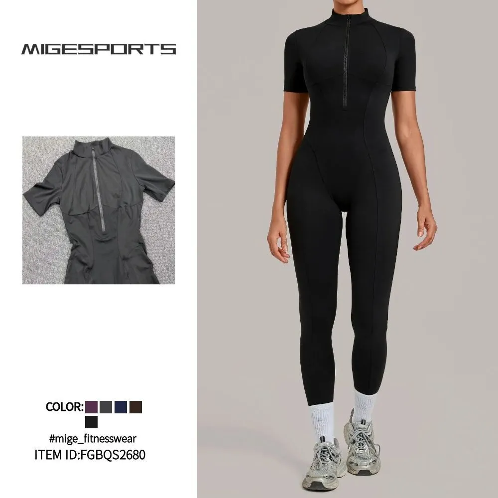 Mono deportivo de yoga para mujer, de una pieza, con cremallera y manga corta (FGBQS2680)