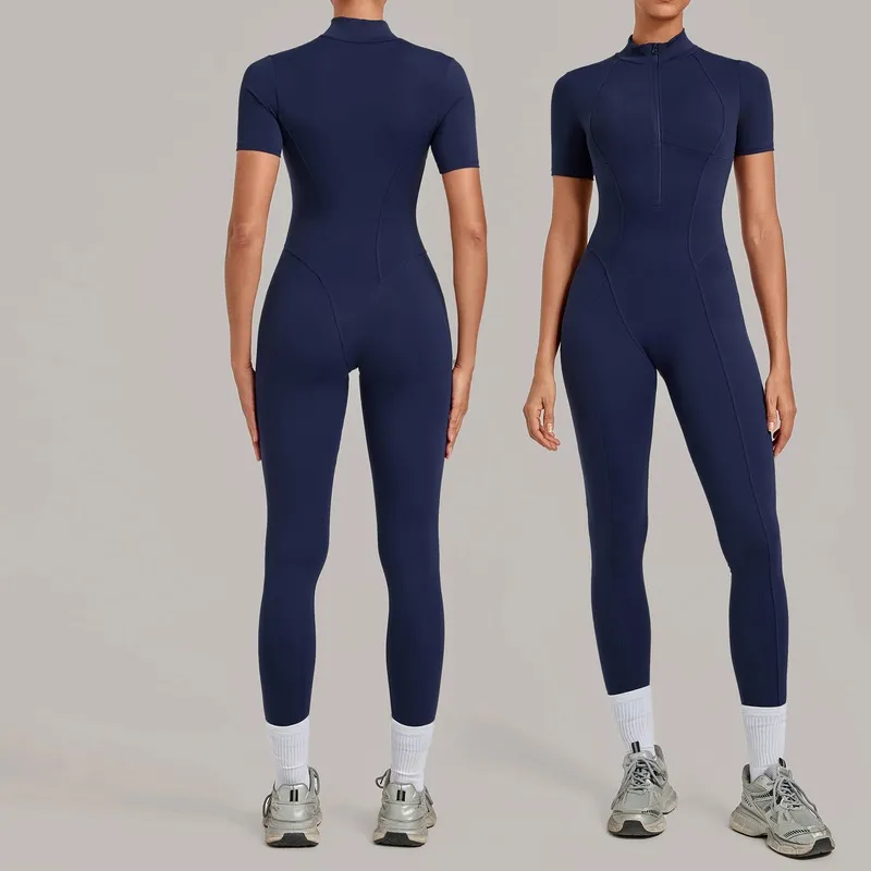 Mono deportivo de yoga para mujer, de una pieza, con cremallera y manga corta (FGBQS2680)
