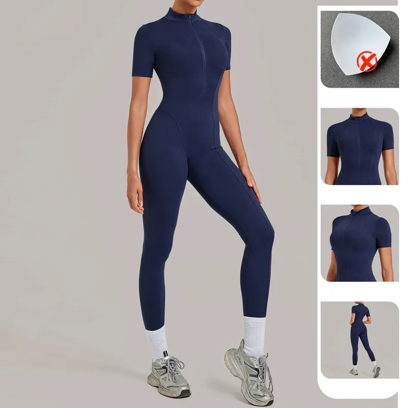 Mono deportivo de yoga para mujer, de una pieza, con cremallera y manga corta (FGBQS2680)