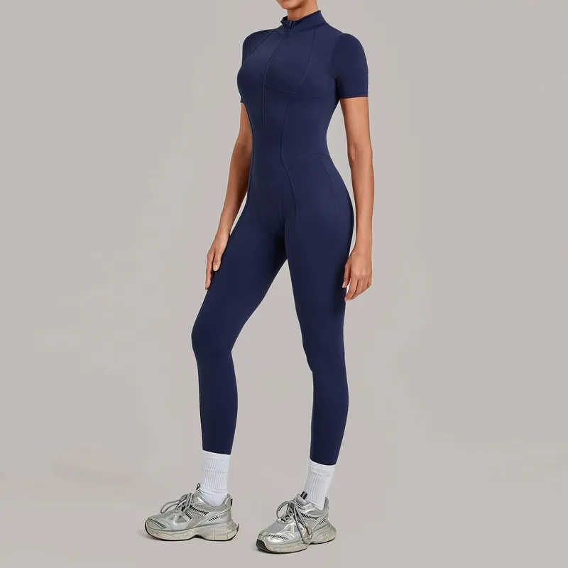 Mono deportivo de yoga para mujer, de una pieza, con cremallera y manga corta (FGBQS2680)
