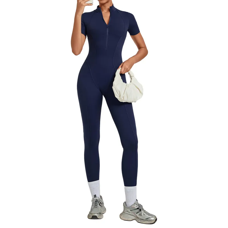 Mono deportivo de yoga para mujer, de una pieza, con cremallera y manga corta (FGBQS2680)