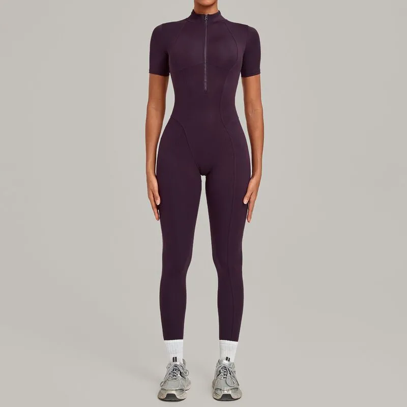 Mono deportivo de yoga para mujer, de una pieza, con cremallera y manga corta (FGBQS2680)