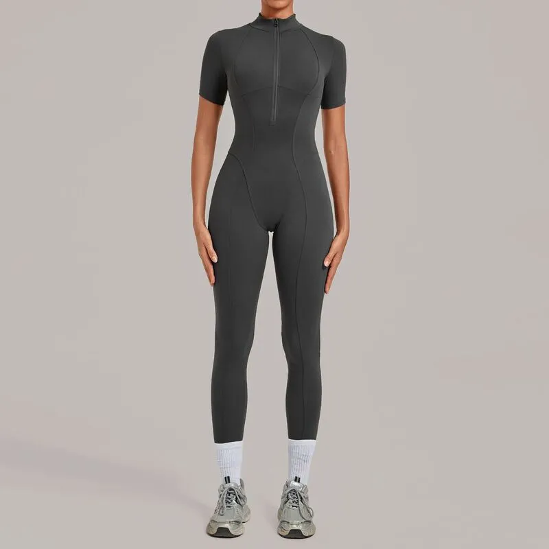 Mono deportivo de yoga para mujer, de una pieza, con cremallera y manga corta (FGBQS2680)