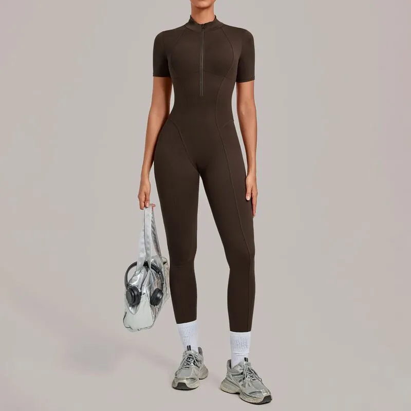 Mono deportivo de yoga para mujer, de una pieza, con cremallera y manga corta (FGBQS2680)