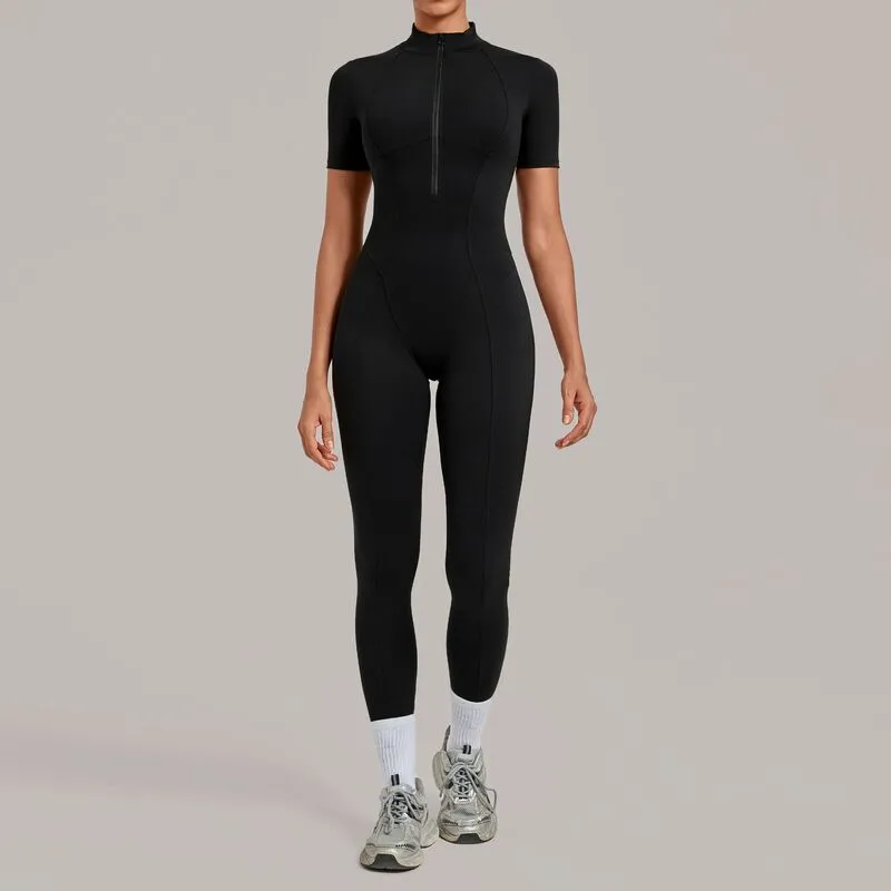 Mono deportivo de yoga para mujer, de una pieza, con cremallera y manga corta (FGBQS2680)