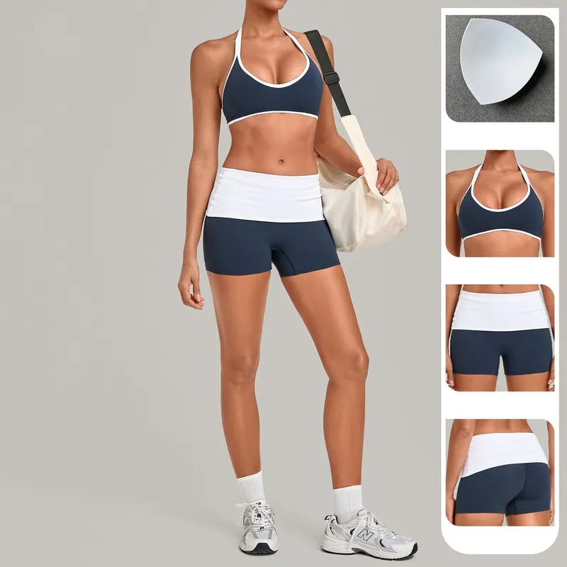 Conjunto deportivo transpirable de color liso: sujetador con espalda atractiva y cuello halter de alta elasticidad + pantalones cortos de fitness/yoga (FGBQS4583+2600)
