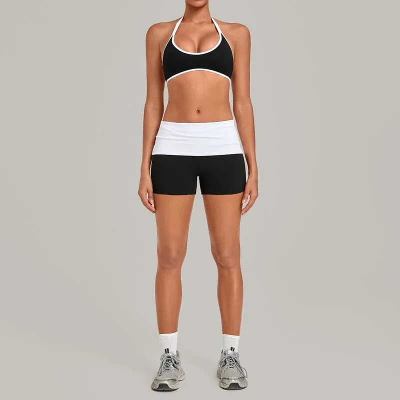 Conjunto deportivo transpirable de color liso: sujetador con espalda atractiva y cuello halter de alta elasticidad + pantalones cortos de fitness/yoga (FGBQS4583+2600)
