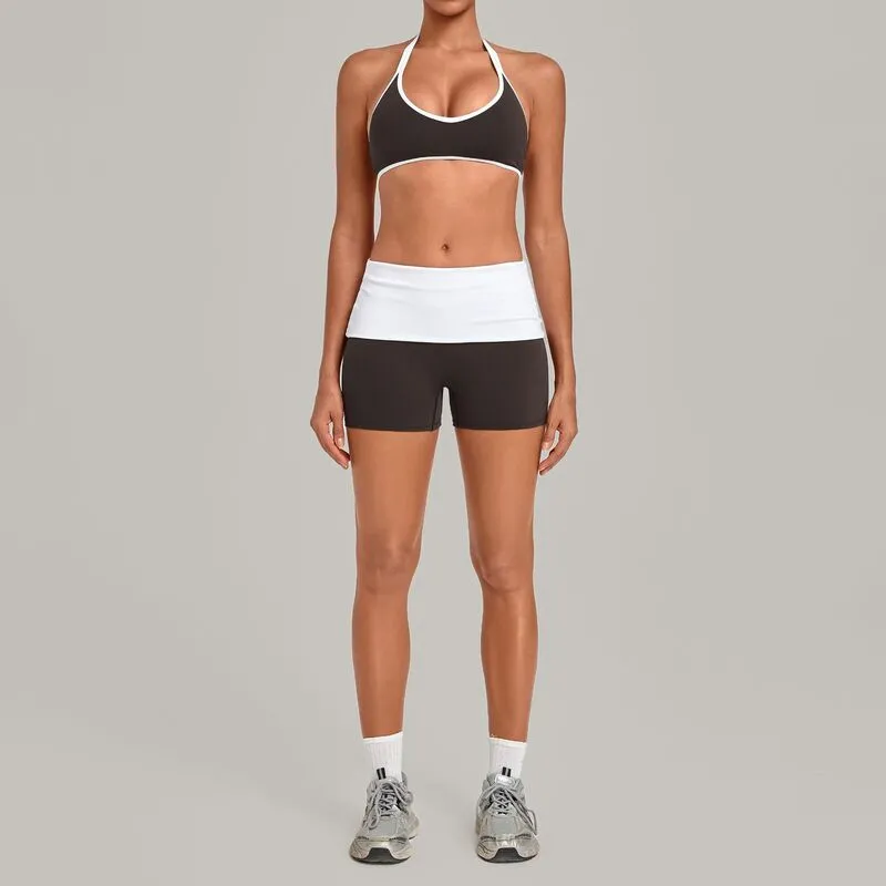 Conjunto deportivo transpirable de color liso: sujetador con espalda atractiva y cuello halter de alta elasticidad + pantalones cortos de fitness/yoga (FGBQS4583+2600)