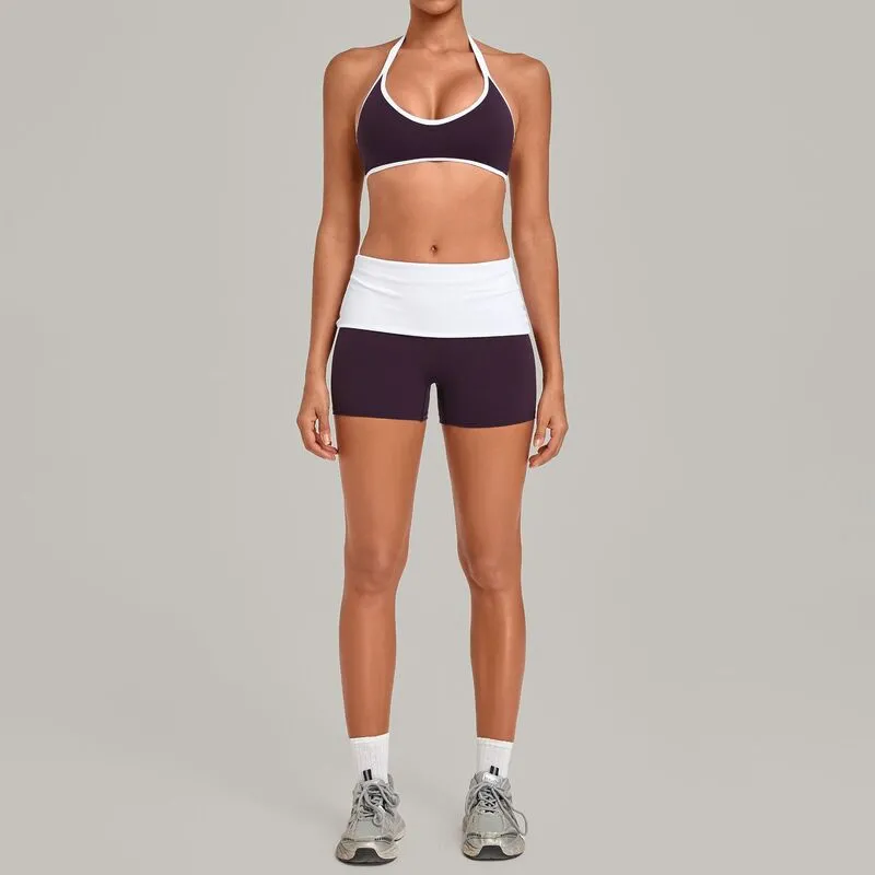 Conjunto deportivo transpirable de color liso: sujetador con espalda atractiva y cuello halter de alta elasticidad + pantalones cortos de fitness/yoga (FGBQS4583+2600)