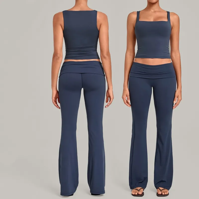 Conjunto deportivo de yoga para mujer: camiseta sin mangas y pantalones acampanados (modelo FGBQS6012+2257)