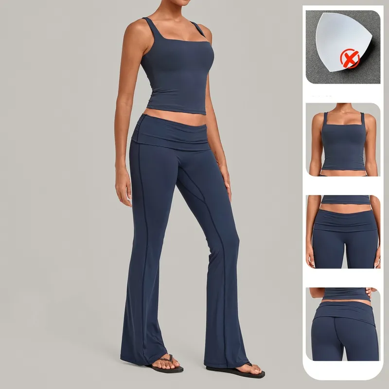 Conjunto deportivo de yoga para mujer: camiseta sin mangas y pantalones acampanados (modelo FGBQS6012+2257)