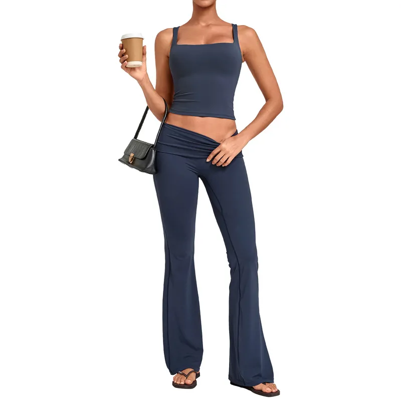 Conjunto deportivo de yoga para mujer: camiseta sin mangas y pantalones acampanados (modelo FGBQS6012+2257)