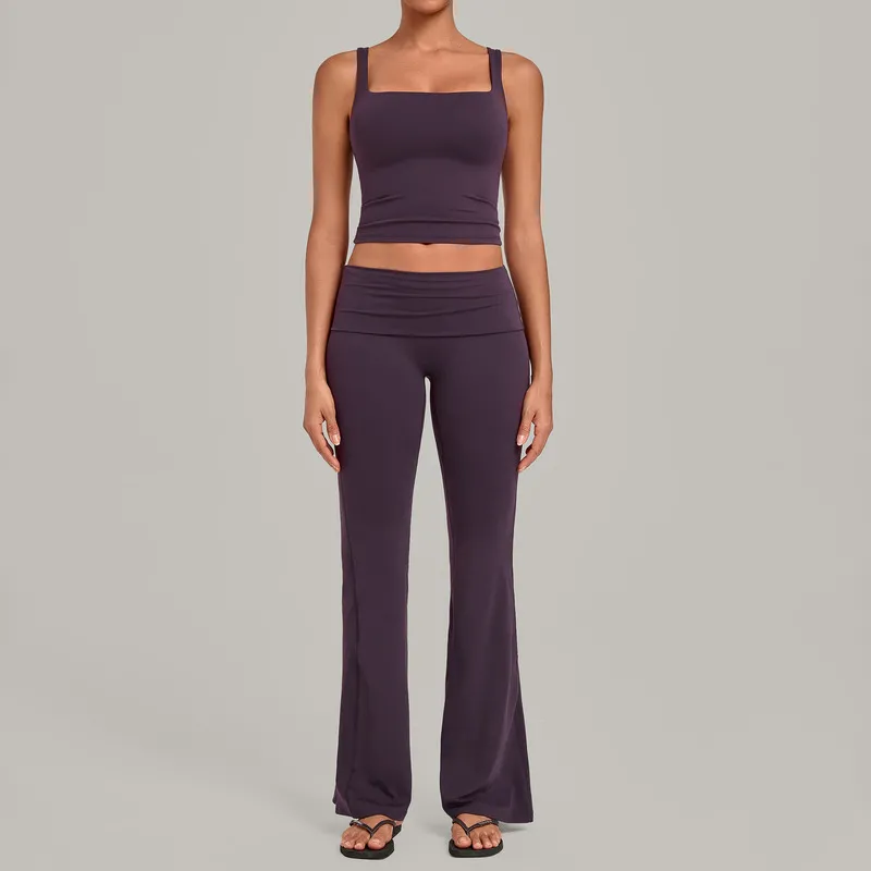 Conjunto deportivo de yoga para mujer: camiseta sin mangas y pantalones acampanados (modelo FGBQS6012+2257)