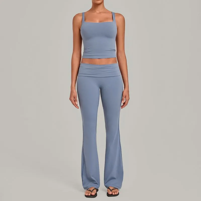 Conjunto deportivo de yoga para mujer: camiseta sin mangas y pantalones acampanados (modelo FGBQS6012+2257)