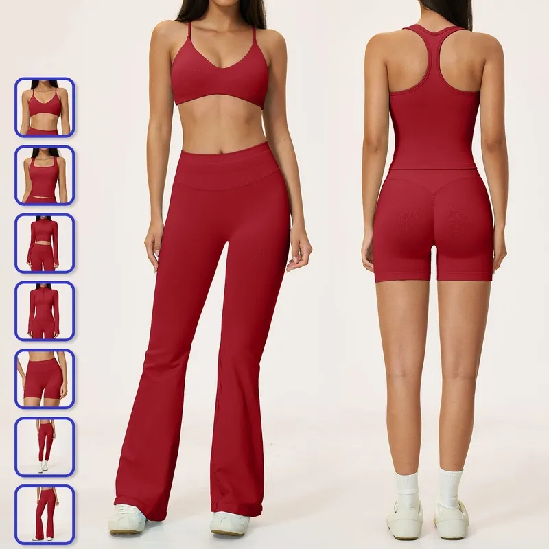 Conjunto deportivo sexy de 7 piezas en color sólido con logotipo personalizado para mujer (yoga, gimnasio, fitness) FGBTZ5112