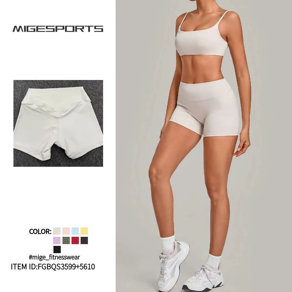 Conjunto de ropa de yoga para mujer (color liso): top deportivo y pantalones cortos de cintura alta para deportes al aire libre FGBQS3599+5610