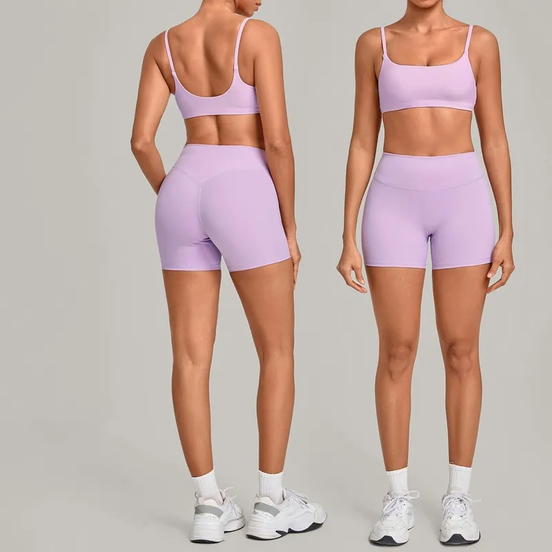 Conjunto de ropa de yoga para mujer (color liso): top deportivo y pantalones cortos de cintura alta para deportes al aire libre FGBQS3599+5610