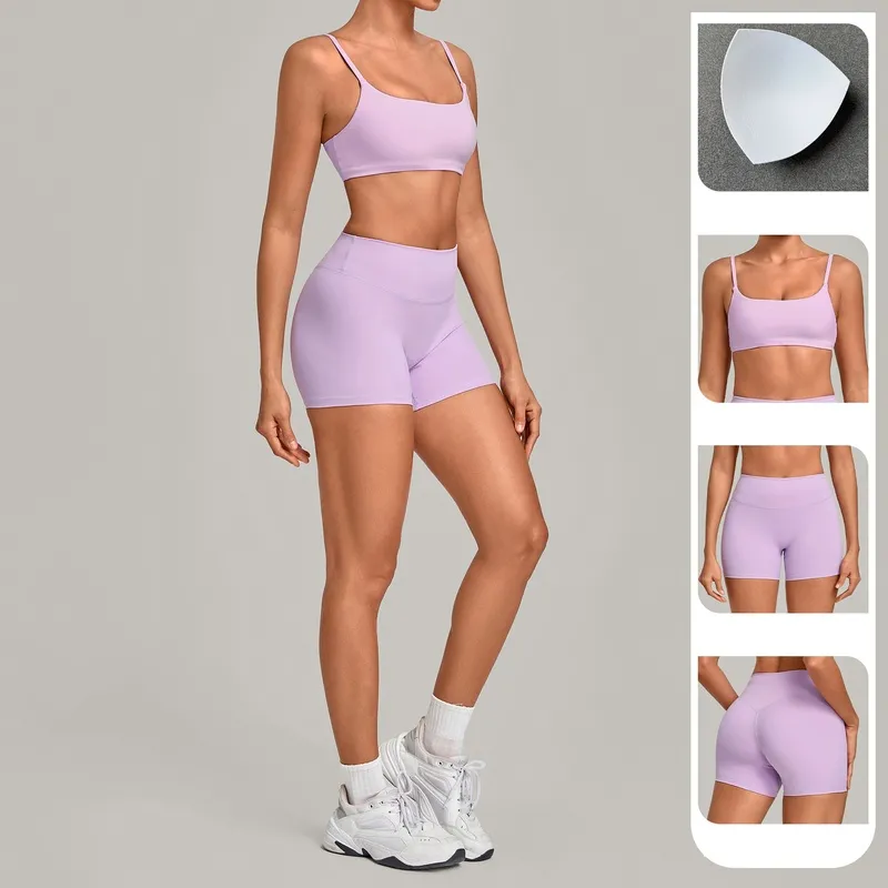 Conjunto de ropa de yoga para mujer (color liso): top deportivo y pantalones cortos de cintura alta para deportes al aire libre FGBQS3599+5610