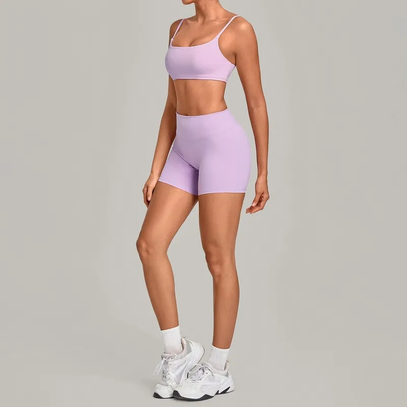 Conjunto de ropa de yoga para mujer (color liso): top deportivo y pantalones cortos de cintura alta para deportes al aire libre FGBQS3599+5610