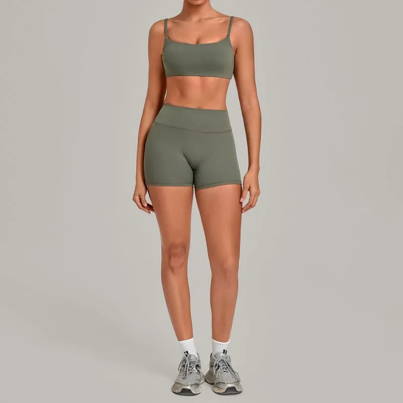 Conjunto de ropa de yoga para mujer (color liso): top deportivo y pantalones cortos de cintura alta para deportes al aire libre FGBQS3599+5610