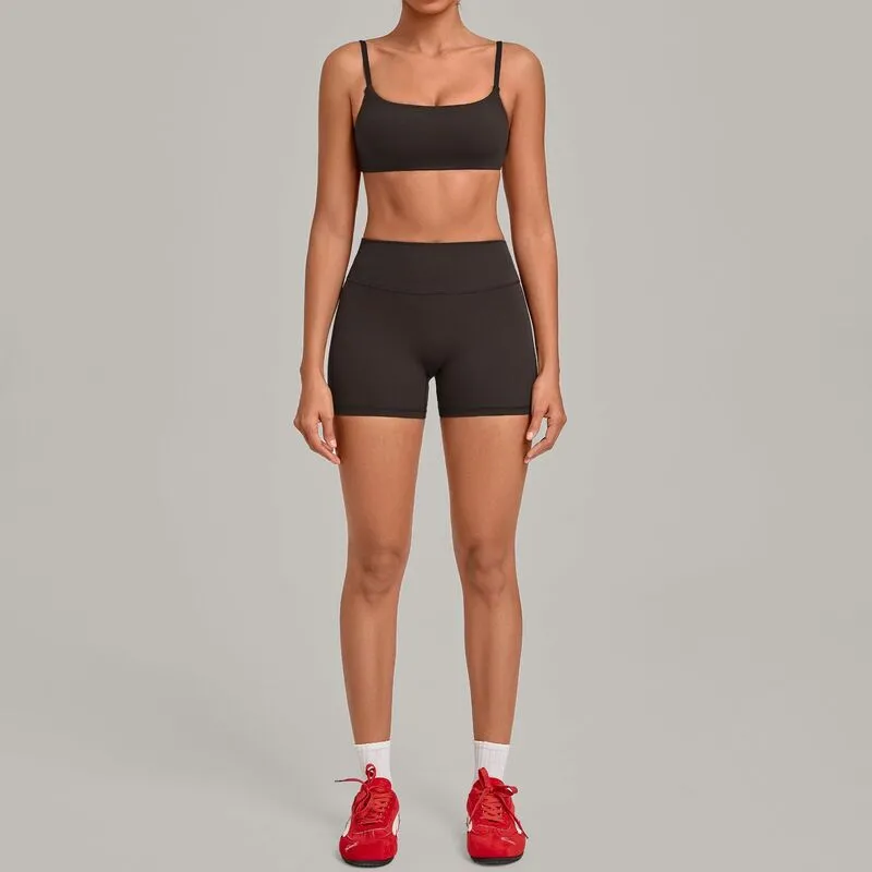 Conjunto de ropa de yoga para mujer (color liso): top deportivo y pantalones cortos de cintura alta para deportes al aire libre FGBQS3599+5610