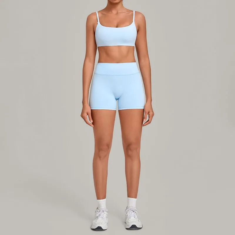 Conjunto de ropa de yoga para mujer (color liso): top deportivo y pantalones cortos de cintura alta para deportes al aire libre FGBQS3599+5610