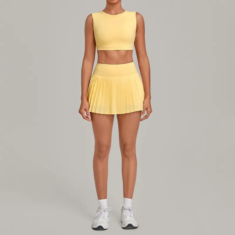 Conjunto de 2 piezas para mujer: falda y camiseta de tirantes de secado rápido; ropa deportiva casual para entrenamiento, fitness y tenis (FGBQS7710+8181)