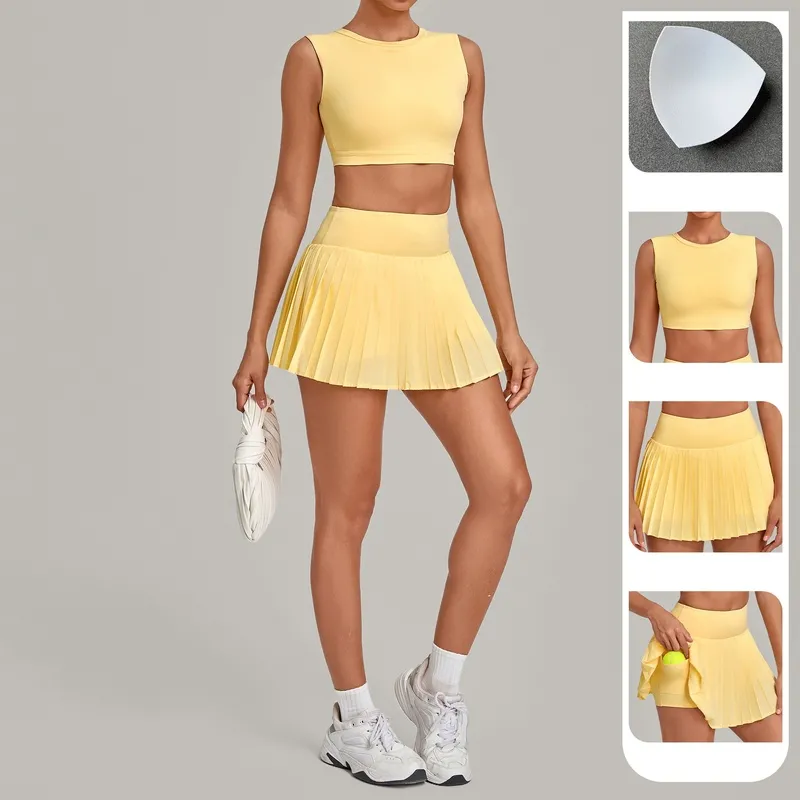 Conjunto de 2 piezas para mujer: falda y camiseta de tirantes de secado rápido; ropa deportiva casual para entrenamiento, fitness y tenis (FGBQS7710+8181)