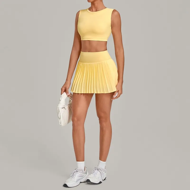 Conjunto de 2 piezas para mujer: falda y camiseta de tirantes de secado rápido; ropa deportiva casual para entrenamiento, fitness y tenis (FGBQS7710+8181)