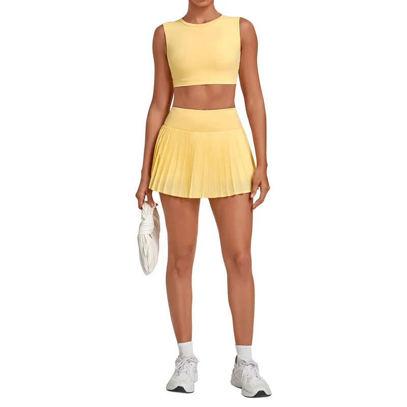 Conjunto de 2 piezas para mujer: falda y camiseta de tirantes de secado rápido; ropa deportiva casual para entrenamiento, fitness y tenis (FGBQS7710+8181)