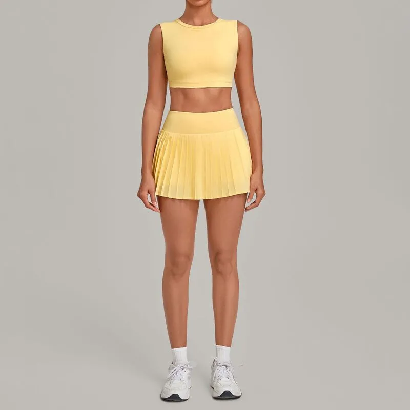 Conjunto de 2 piezas para mujer: falda y camiseta de tirantes de secado rápido; ropa deportiva casual para entrenamiento, fitness y tenis (FGBQS7710+8181)