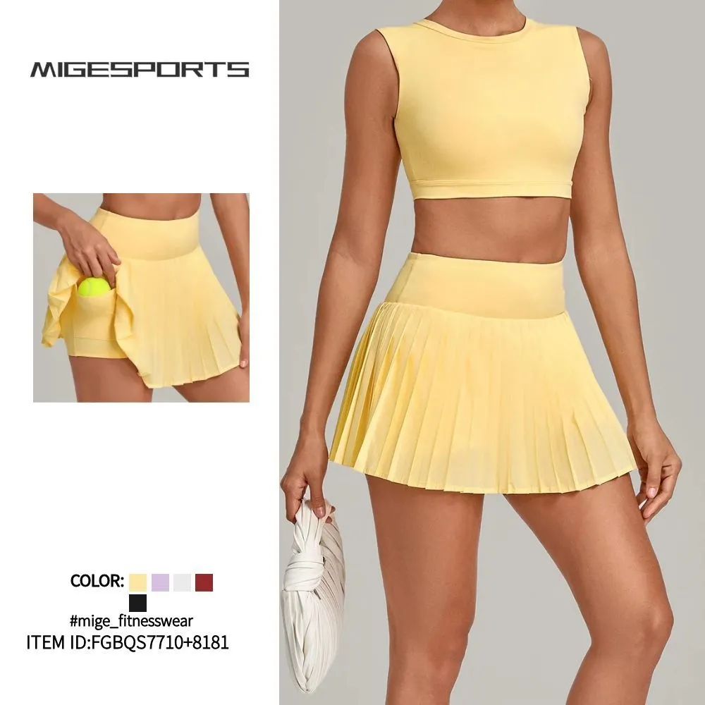 Conjunto de 2 piezas para mujer: falda y camiseta de tirantes de secado rápido; ropa deportiva casual para entrenamiento, fitness y tenis (FGBQS7710+8181)