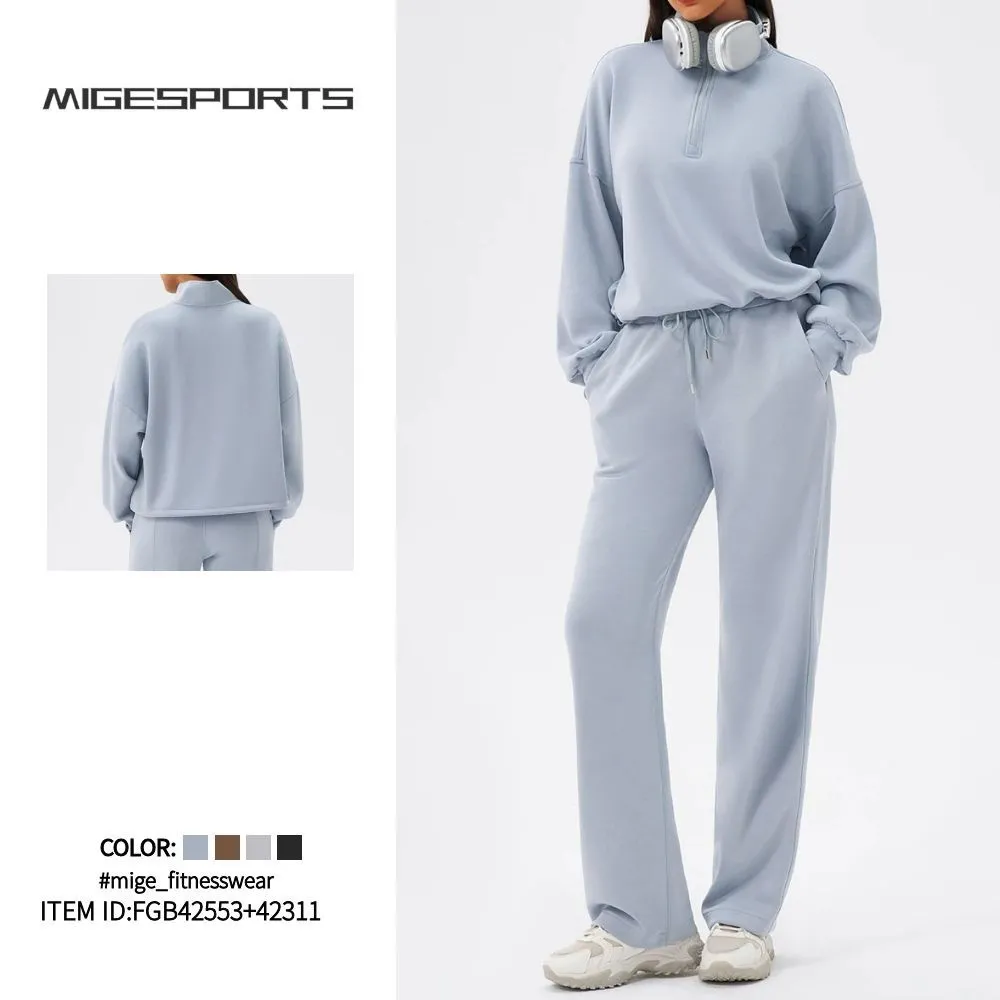 Conjunto deportivo de yoga de 2 piezas para mujer: top de manga larga en color liso y cómodo (FGBYEL42553+42311)