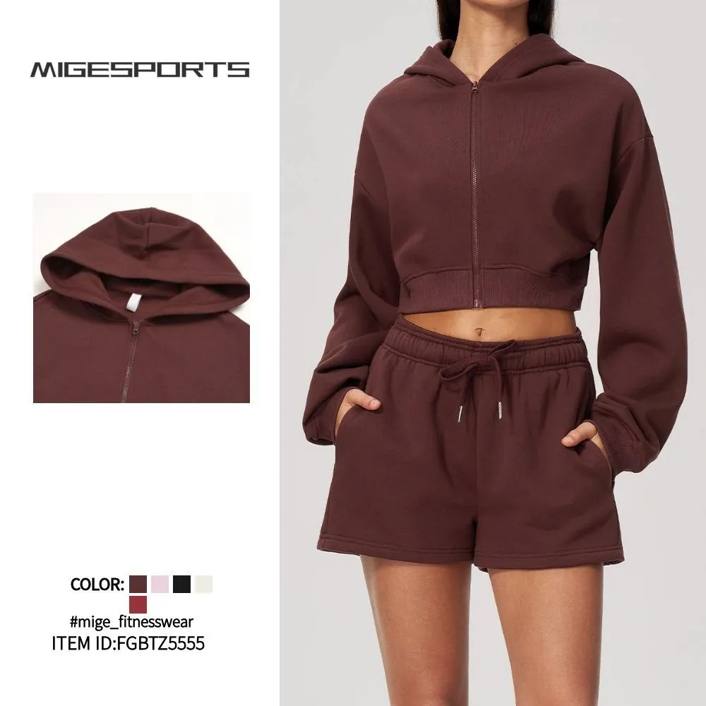 Conjunto de 4 piezas para mujer: sudadera con capucha y logo personalizado (corte holgado) para yoga, gimnasio, correr y entrenamiento (FGBTZ5555)