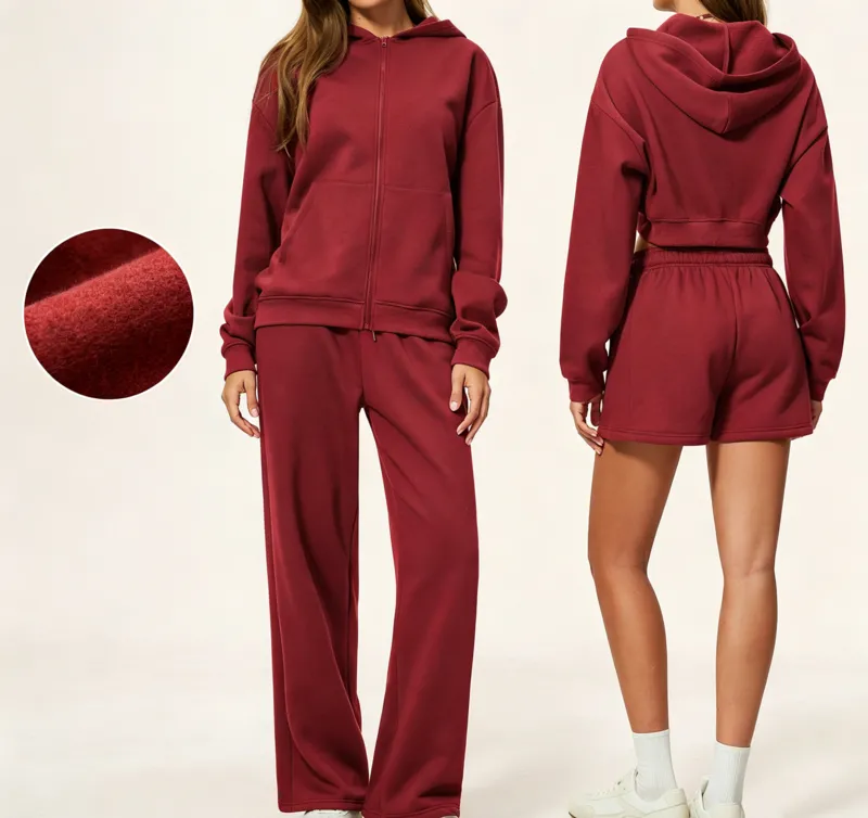 Conjunto de 4 piezas para mujer: sudadera con capucha y logo personalizado (corte holgado) para yoga, gimnasio, correr y entrenamiento (FGBTZ5555)