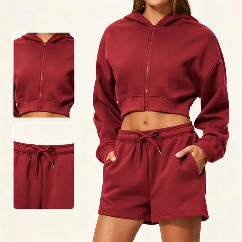 Conjunto de 4 piezas para mujer: sudadera con capucha y logo personalizado (corte holgado) para yoga, gimnasio, correr y entrenamiento (FGBTZ5555)