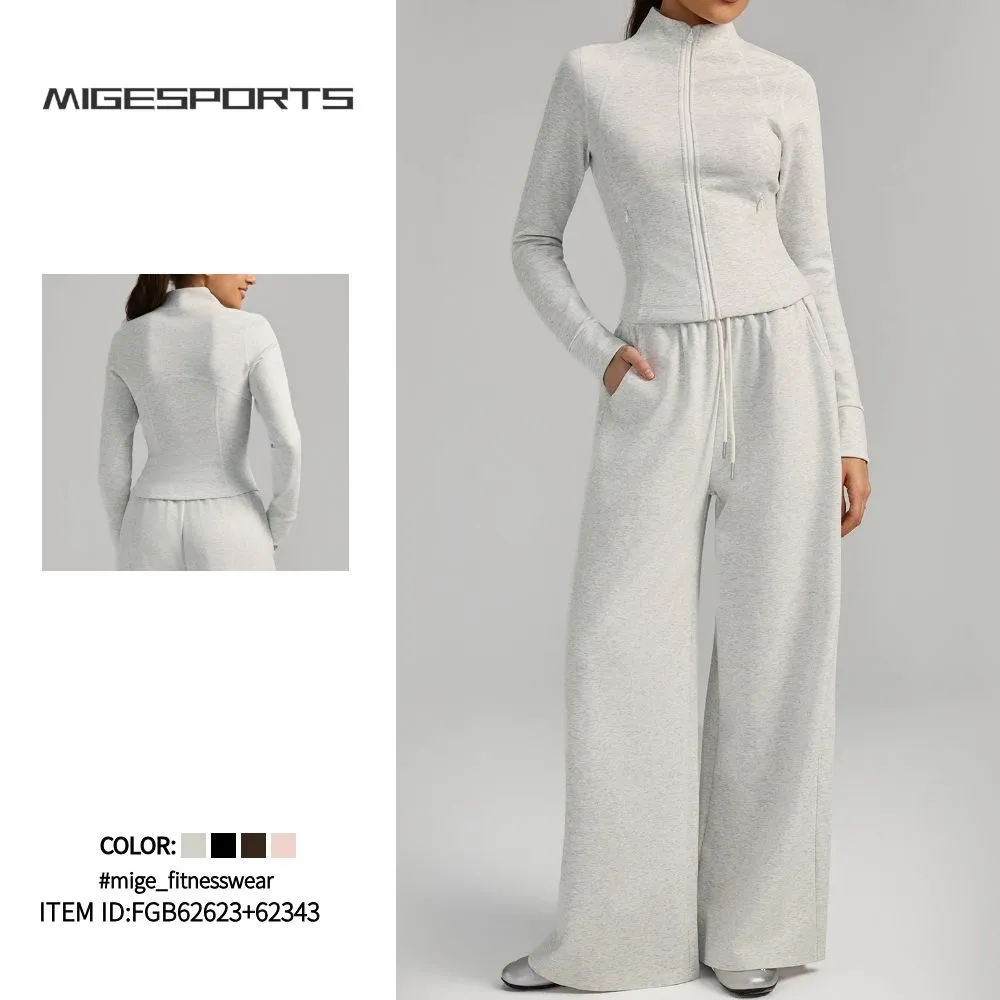 Conjunto de yoga de 2 piezas para mujer: pantalón largo transpirable de color liso con cremallera y bolsillos (modelo FGBYEL62623+62343)