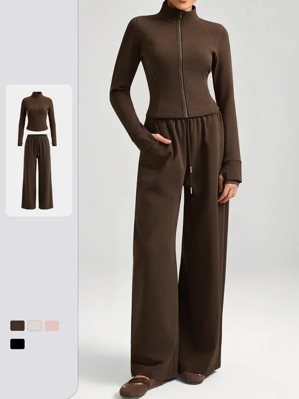 Conjunto de yoga de 2 piezas para mujer: pantalón largo transpirable de color liso con cremallera y bolsillos (modelo FGBYEL62623+62343)