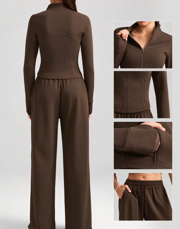 Conjunto de yoga de 2 piezas para mujer: pantalón largo transpirable de color liso con cremallera y bolsillos (modelo FGBYEL62623+62343)