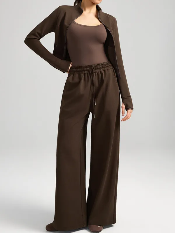 Conjunto de yoga de 2 piezas para mujer: pantalón largo transpirable de color liso con cremallera y bolsillos (modelo FGBYEL62623+62343)