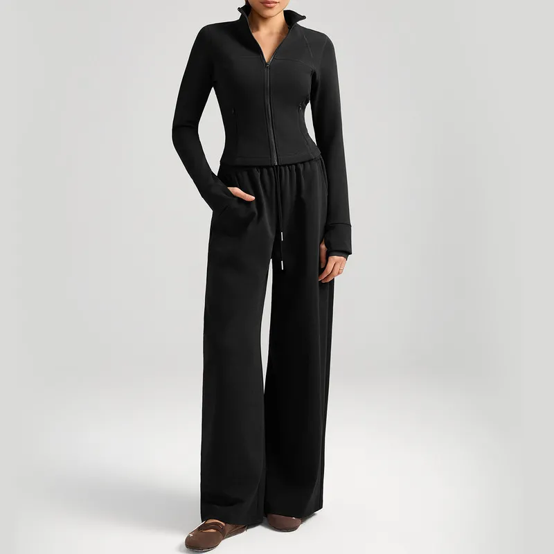 Conjunto de yoga de 2 piezas para mujer: pantalón largo transpirable de color liso con cremallera y bolsillos (modelo FGBYEL62623+62343)