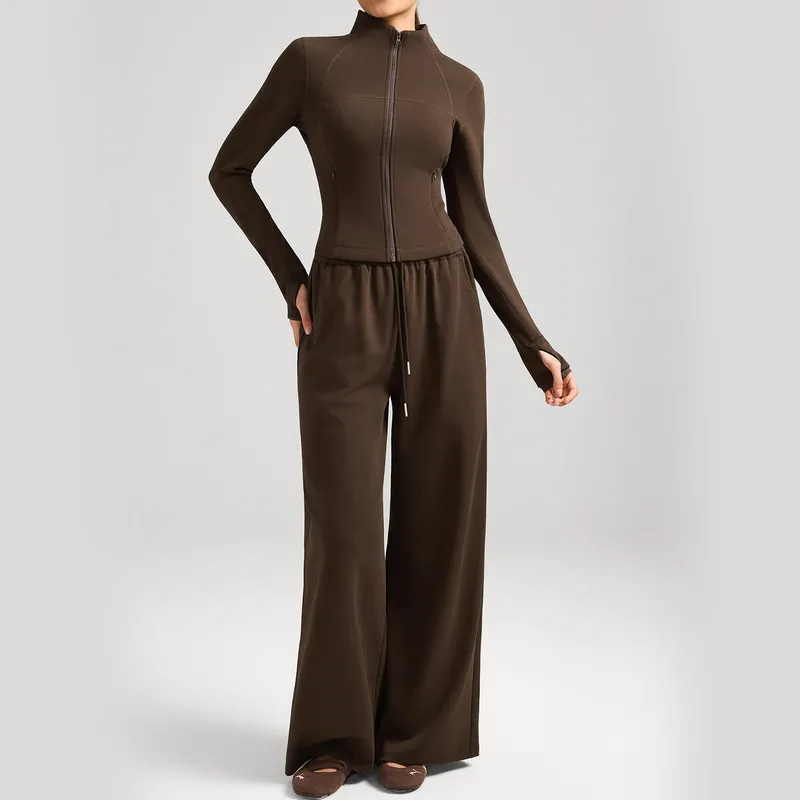 Conjunto de yoga de 2 piezas para mujer: pantalón largo transpirable de color liso con cremallera y bolsillos (modelo FGBYEL62623+62343)