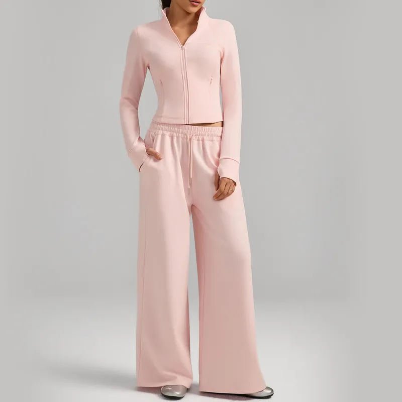 Conjunto de yoga de 2 piezas para mujer: pantalón largo transpirable de color liso con cremallera y bolsillos (modelo FGBYEL62623+62343)