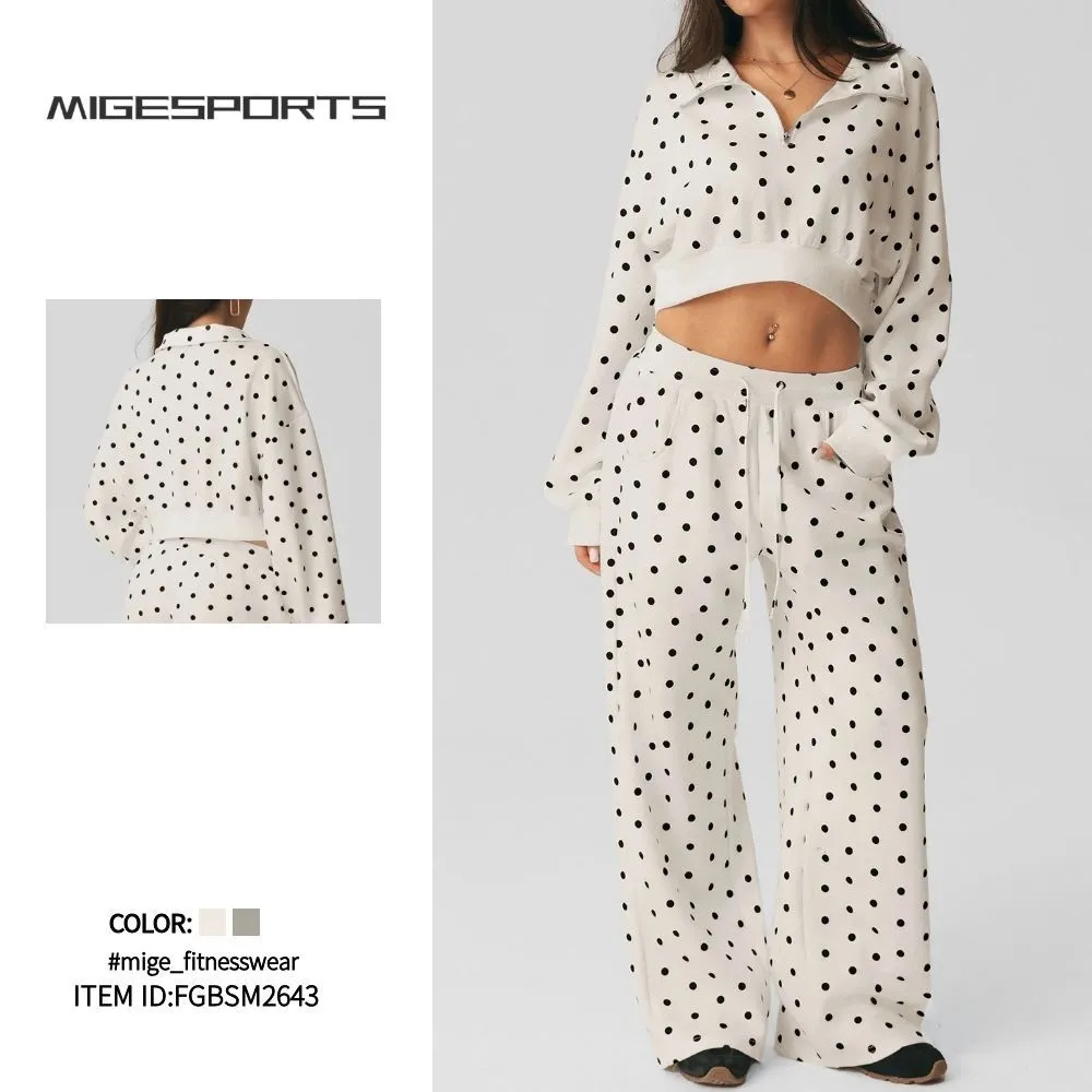 Conjunto de ropa deportiva de dos piezas para mujer: leggings y top con estampado de lunares, ideal para yoga y gimnasio (modelo FGBSM2643, opción de logotipo personalizado).