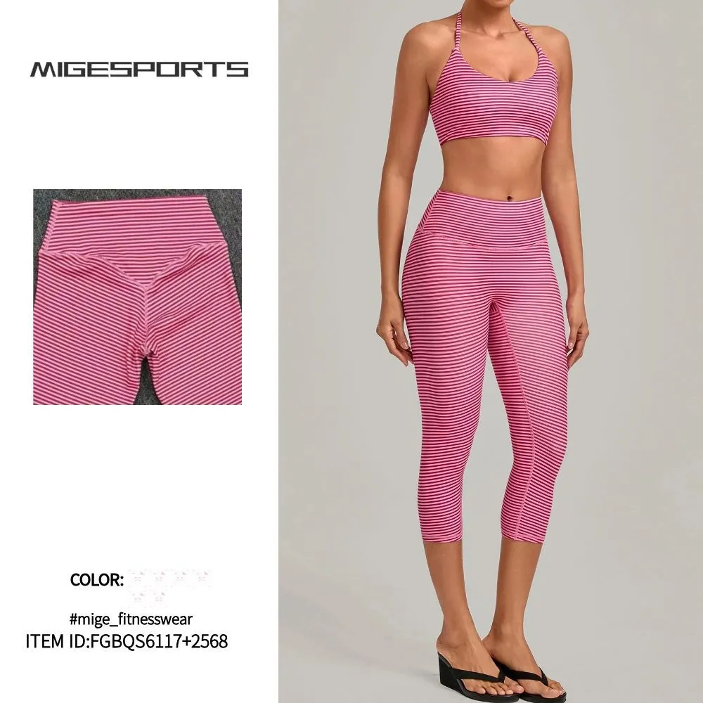 Conjunto de yoga y entrenamiento de 2 piezas para mujer (color liso): sujetador y leggings hasta la rodilla, transpirable (FGBQS6117+2568)