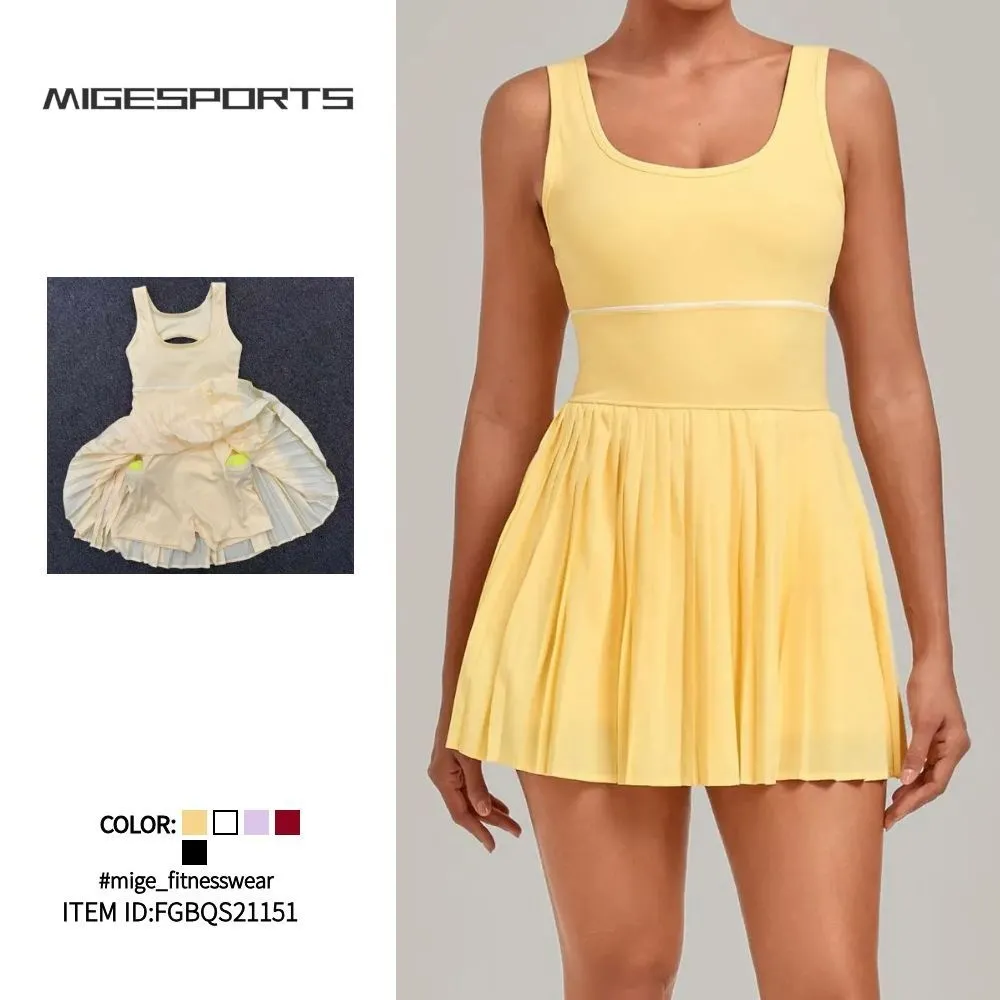Vestido de tenis de una pieza para mujer: espalda descubierta, cuello cuadrado, falda plisada, shorts integrados, copas acolchadas y tejido de secado rápido (modelo FGBQS21151)