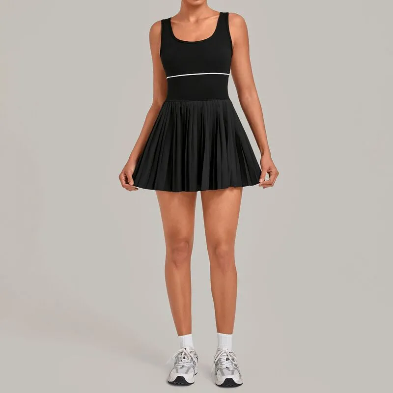 Vestido de tenis de una pieza para mujer: espalda descubierta, cuello cuadrado, falda plisada, shorts integrados, copas acolchadas y tejido de secado rápido (modelo FGBQS21151)