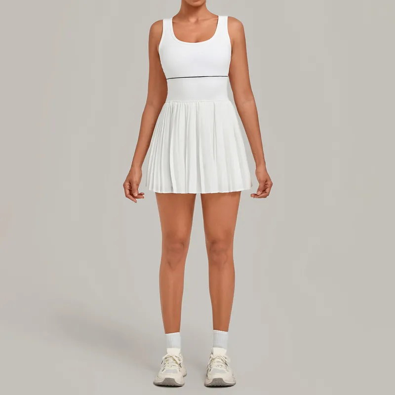 Vestido de tenis de una pieza para mujer: espalda descubierta, cuello cuadrado, falda plisada, shorts integrados, copas acolchadas y tejido de secado rápido (modelo FGBQS21151)