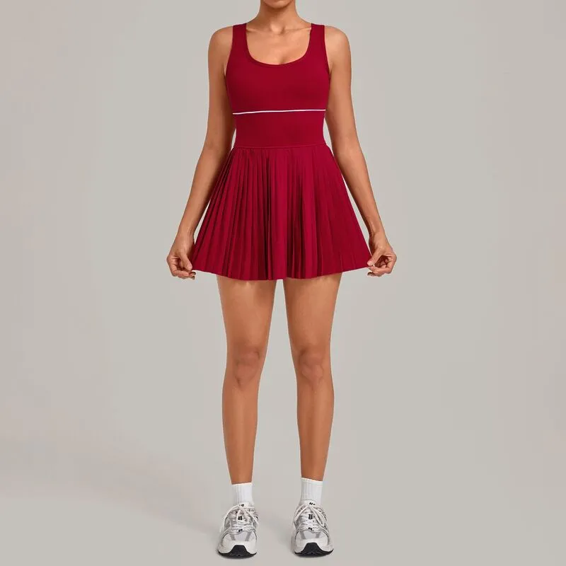 Vestido de tenis de una pieza para mujer: espalda descubierta, cuello cuadrado, falda plisada, shorts integrados, copas acolchadas y tejido de secado rápido (modelo FGBQS21151)