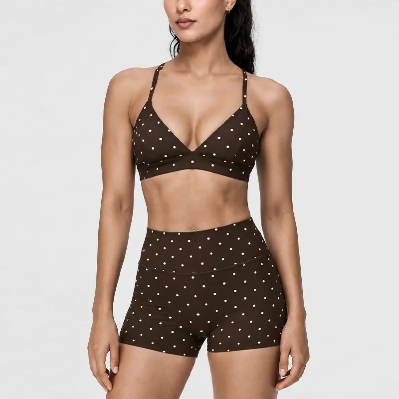 Conjunto de 3 piezas de ropa deportiva elástica para mujer (top y leggings) con estampado de lunares; tejido de secado rápido y alta calidad (FGBB3086+K7012+K7013)